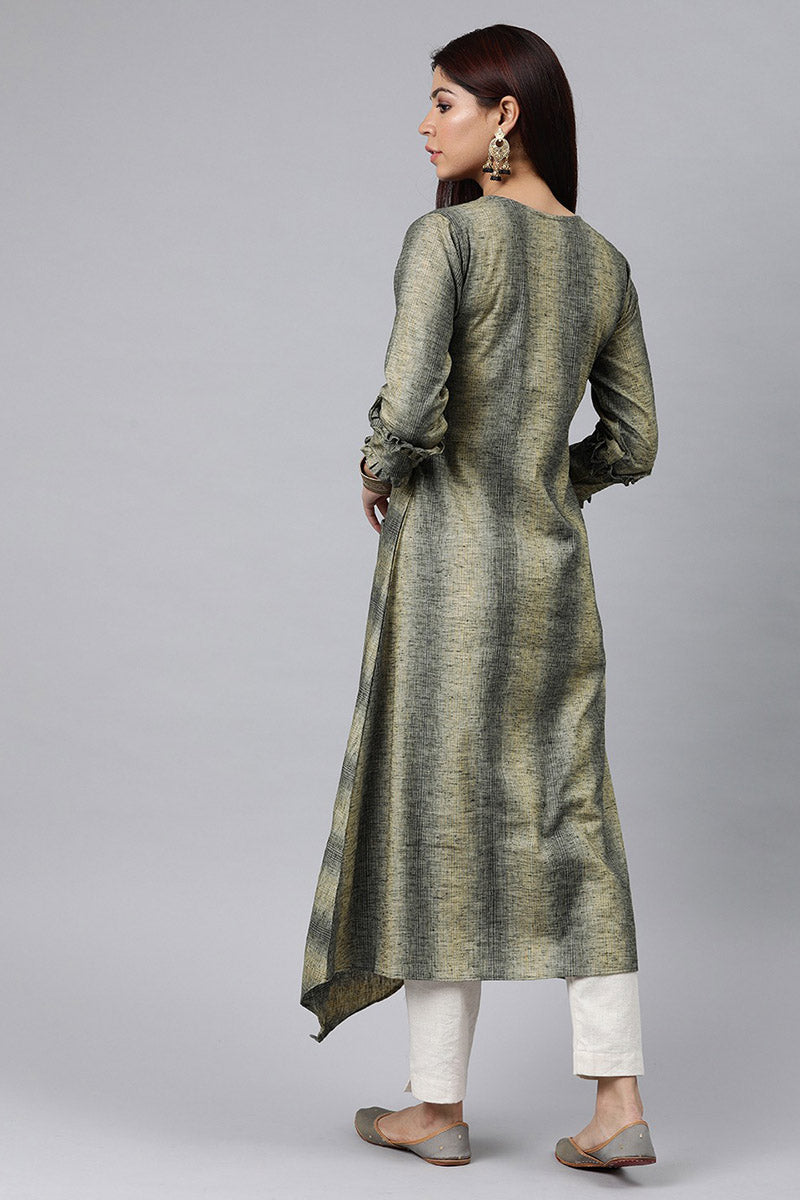 Grey And Beige Striped A Line Panelled Kurta with pockets VCK8125