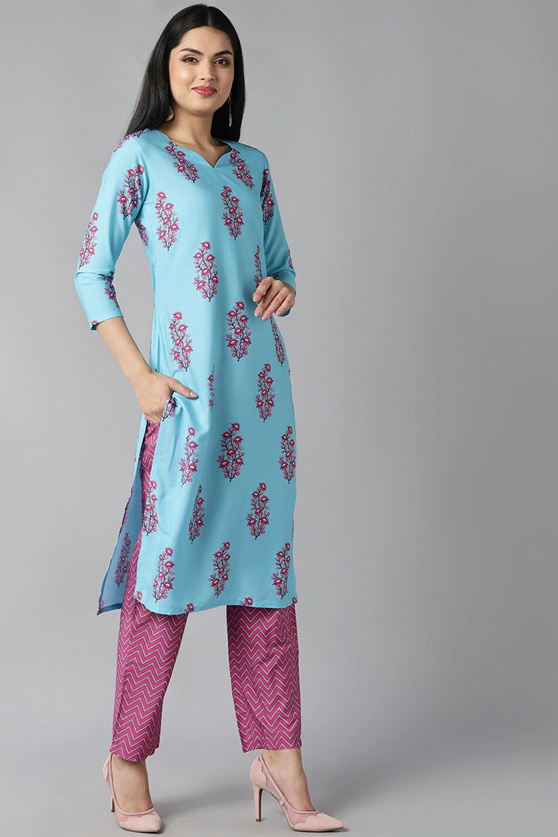 AHIKA Women Blue Ethnic Motifs Embroidered Panelled Kurti with Salwar With Dupatta Set