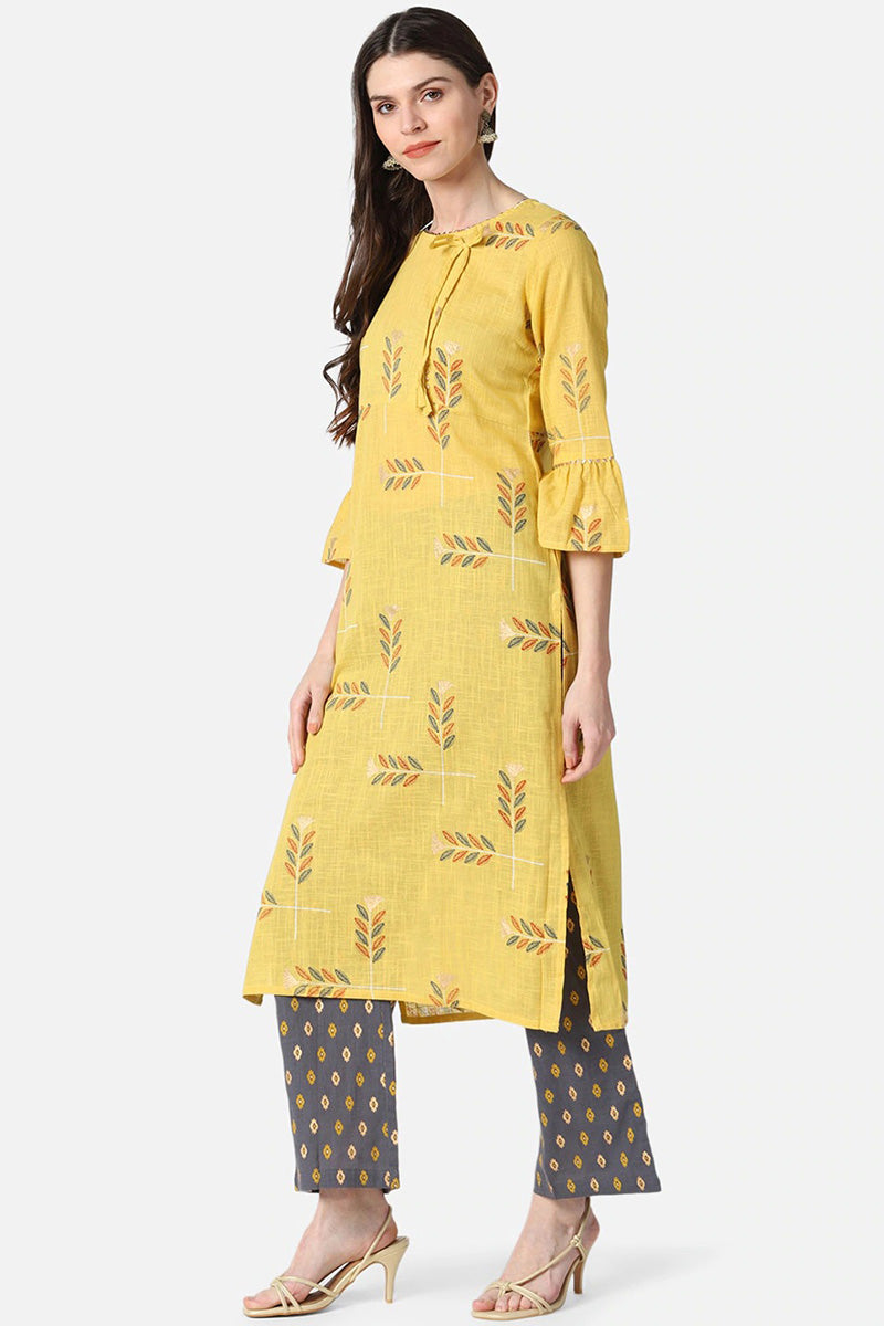 Ahika Women Regular Wear Fabric Printed Light Yellow Kurta Palazzo Set
