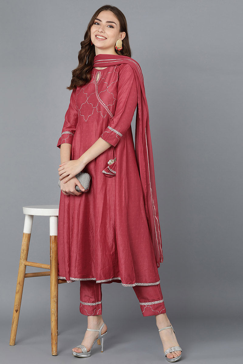 Ahika Women Red Poly Silk Embroidered Kurta Trousers With Dupatta