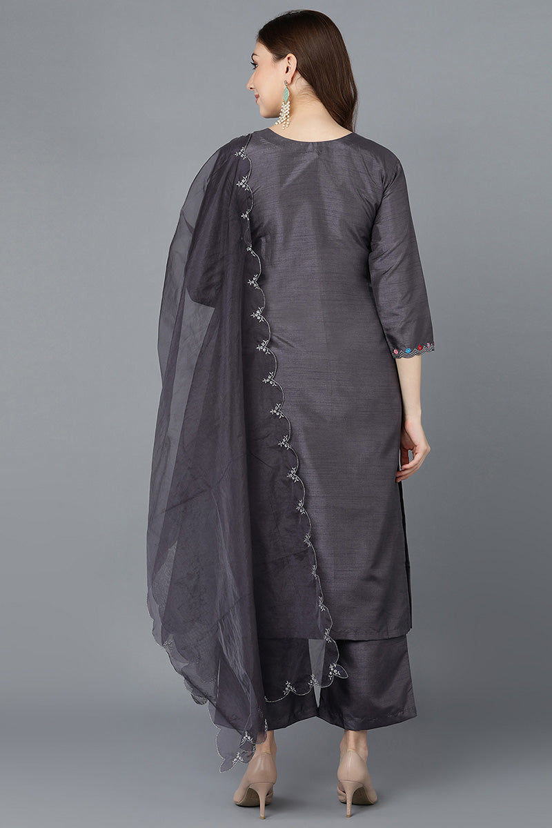 Ahika Women Grey Poly Silk Embroidered Kurta Trousers With Dupatta
