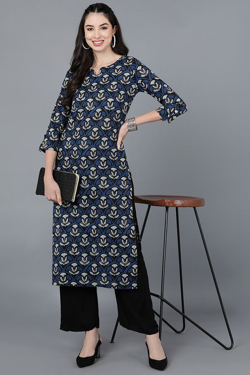 Navy Blue Rayon Blend Straight Kurta VCK8576