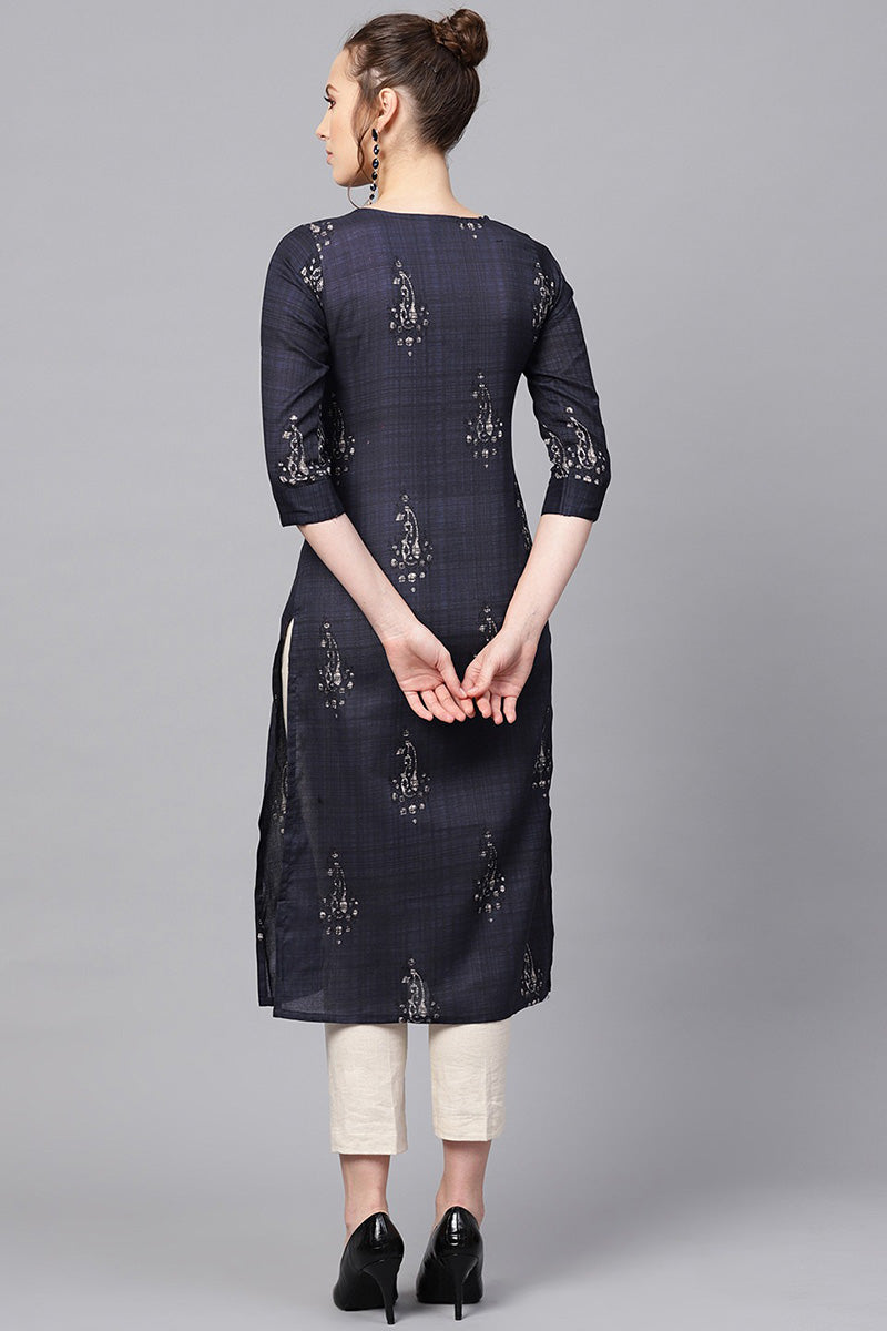 Women Rayon Blend Navy Blue and Off-White color Printed Straight Kurta VCK1251