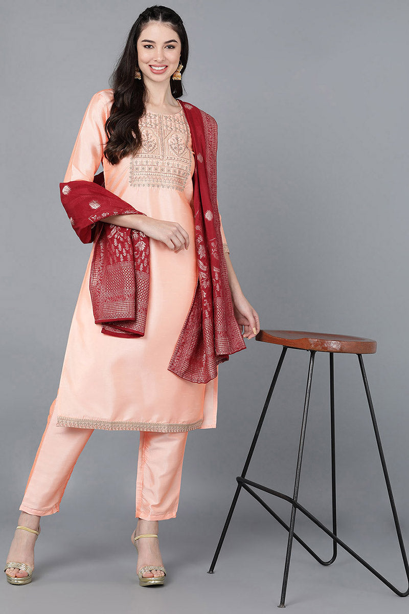 Ahika Women Peach Poly Silk Embroidered Kurta Trousers With Dupatta