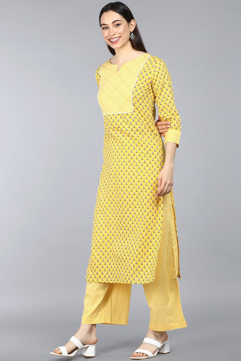 AHIKA Women Yellow Ethnic Motifs Printed Pure Cotton Kurta Set With Dupatta