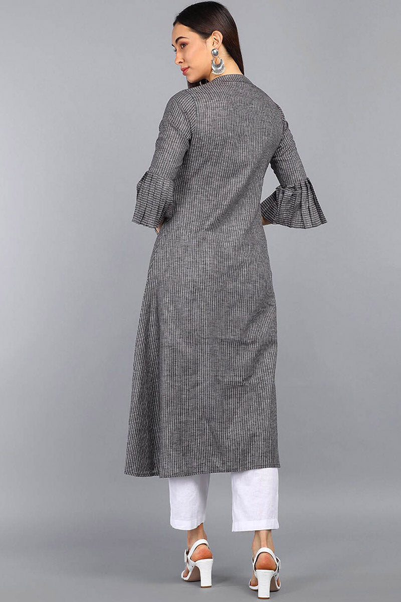 AHIKA Women Charcoal Grey & White Striped A Line Kurta