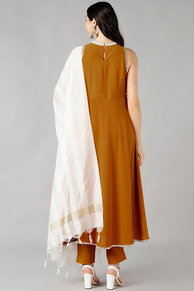 AHIKA Women Mustard Solid Kurta Trousers With Dupatta