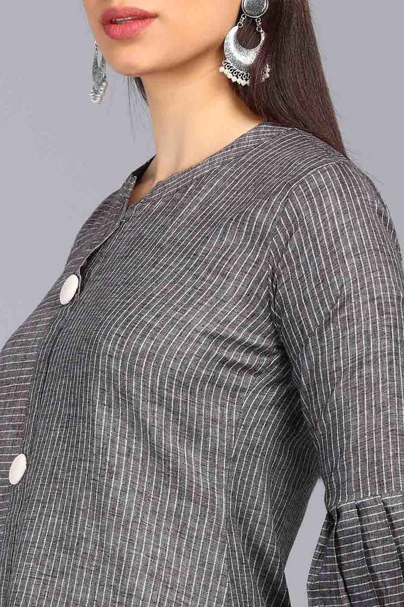 AHIKA Women Charcoal Grey & White Striped A Line Kurta
