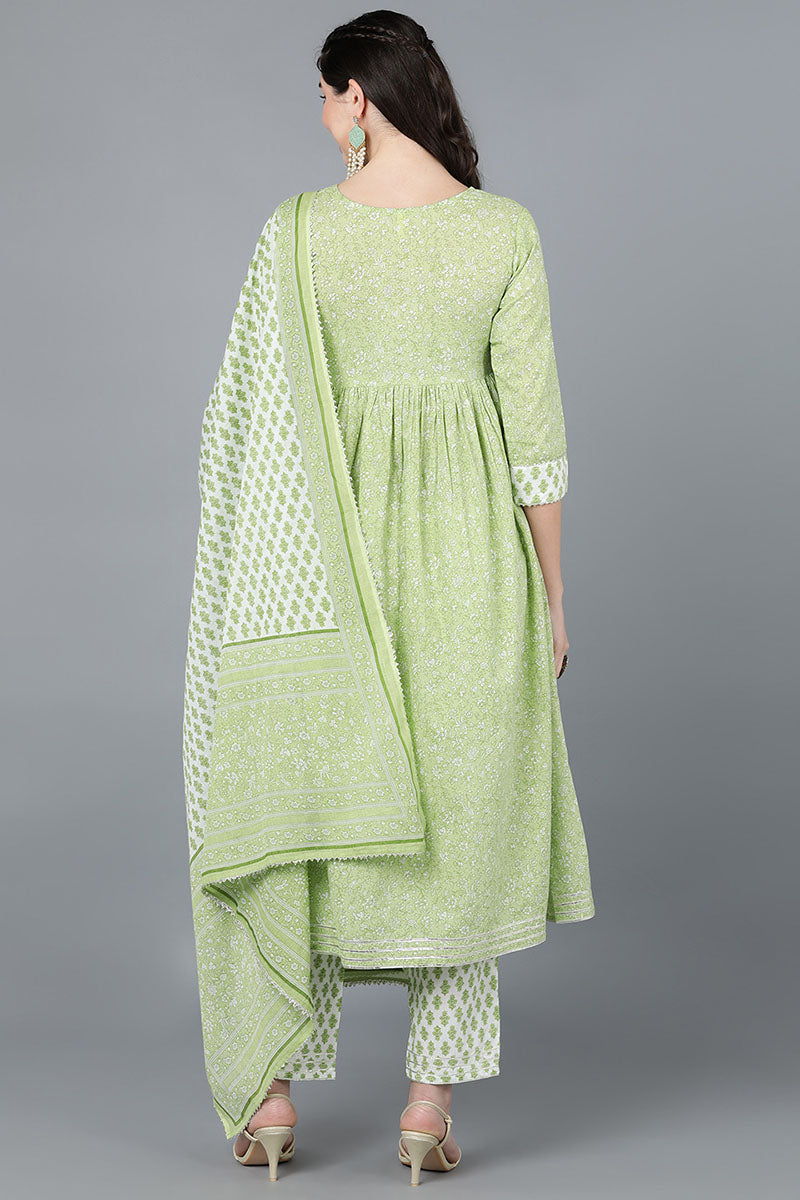 Light Green Cotton Flared Kurta Pant With Dupatta VKSKD1452