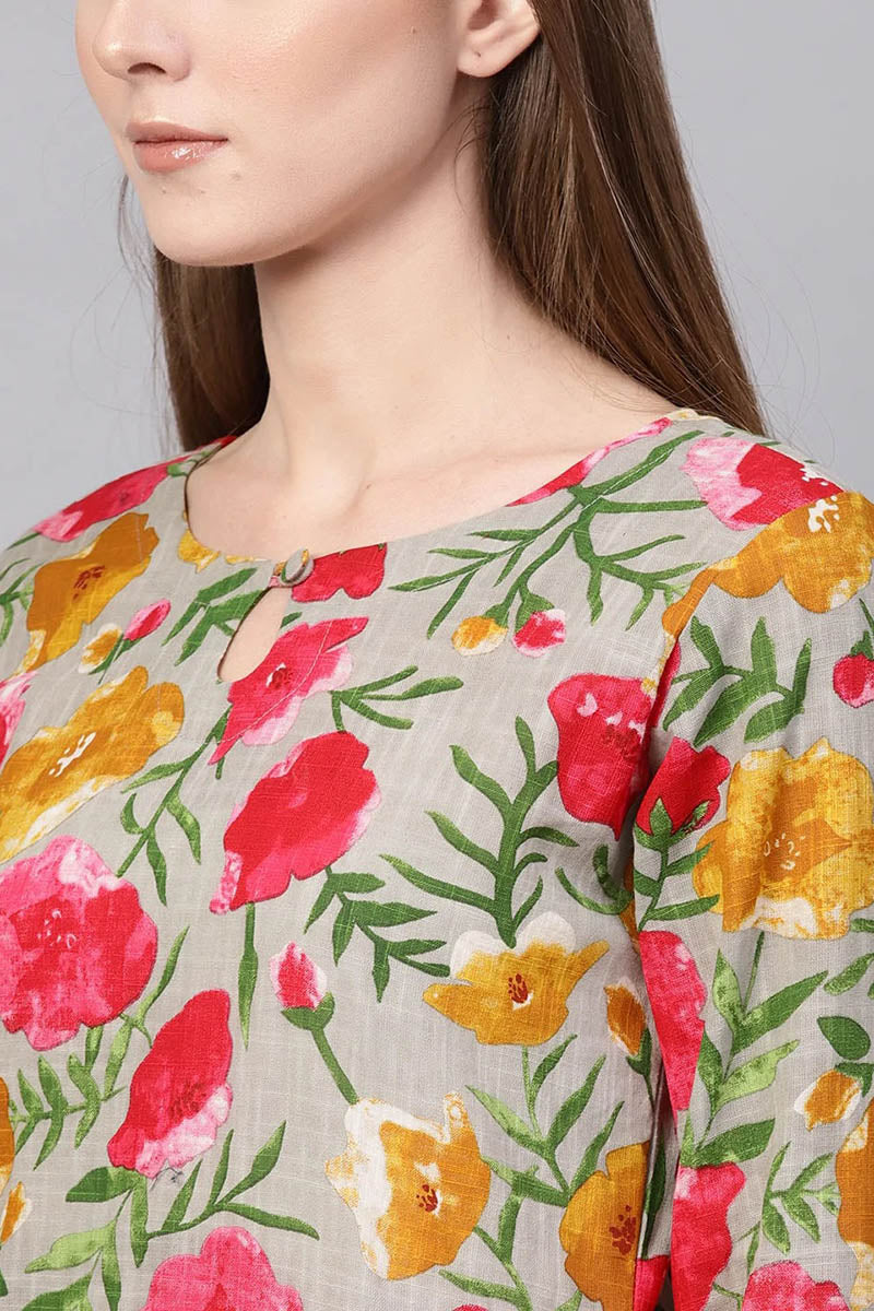 Printed Grey Rayon Blend Fabric Kurti VCK1131