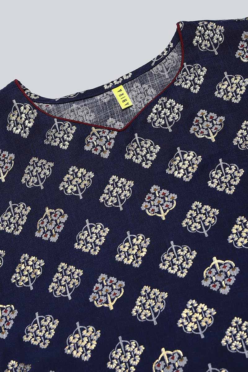 Women Navy Blue And Gold Toned Floral Printed Straight Kurta VCK1712E