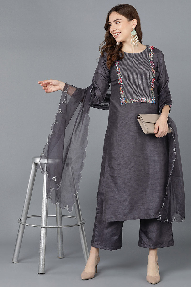 Ahika Women Grey Poly Silk Embroidered Kurta Trousers With Dupatta