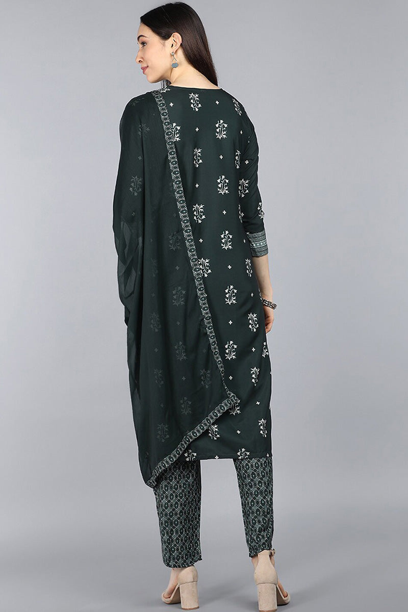 AHIKA Women Green Floral Printed Kurta with Churidar Dupatta