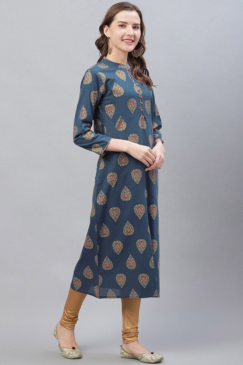Ahika Women Printed Simple Navy Blue Kurti
