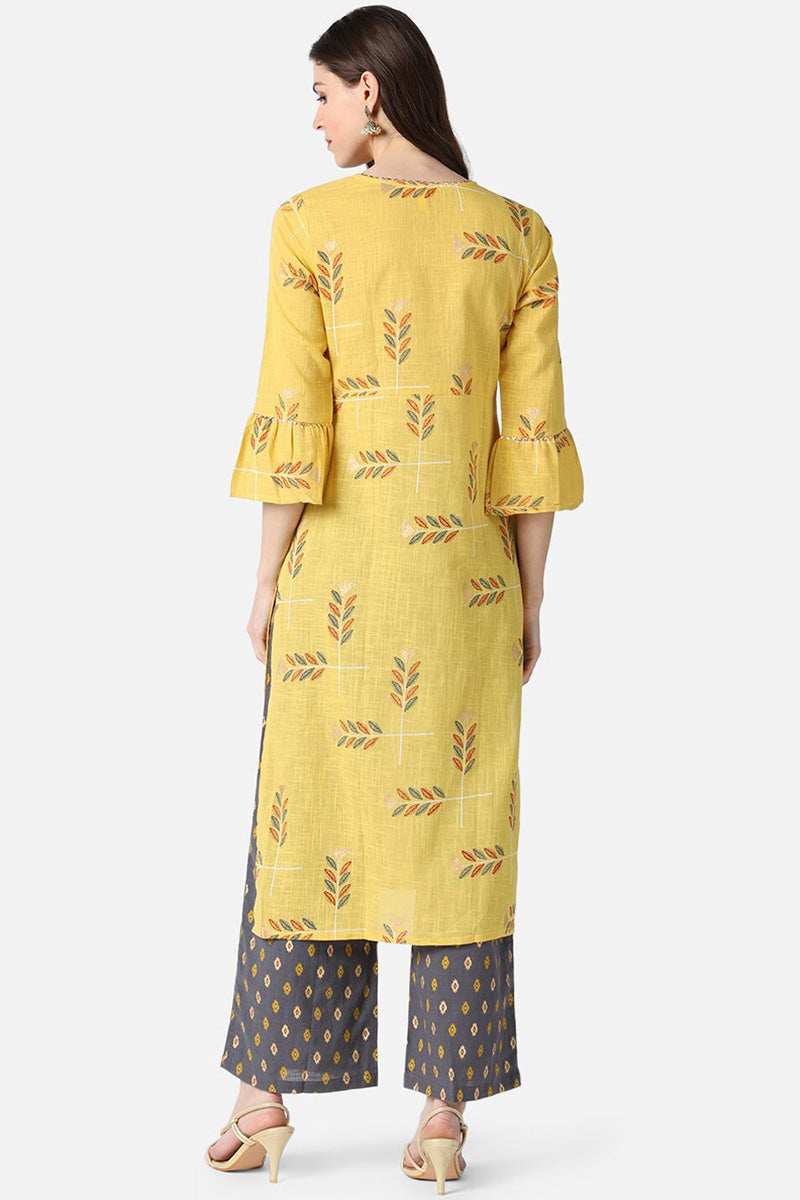 Ahika Women Regular Wear Fabric Printed Light Yellow Kurta Palazzo Set