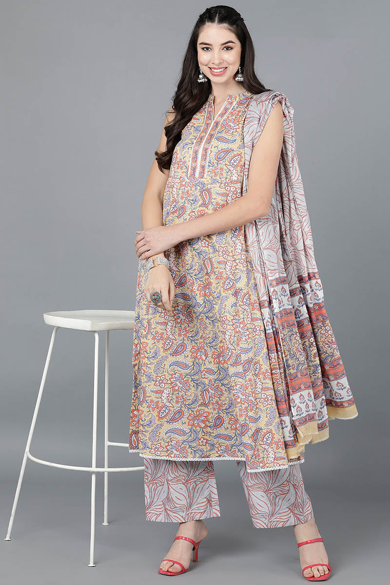 Yellow Cotton Flared Kurta Palazzo With Dupatta VKSKD1461