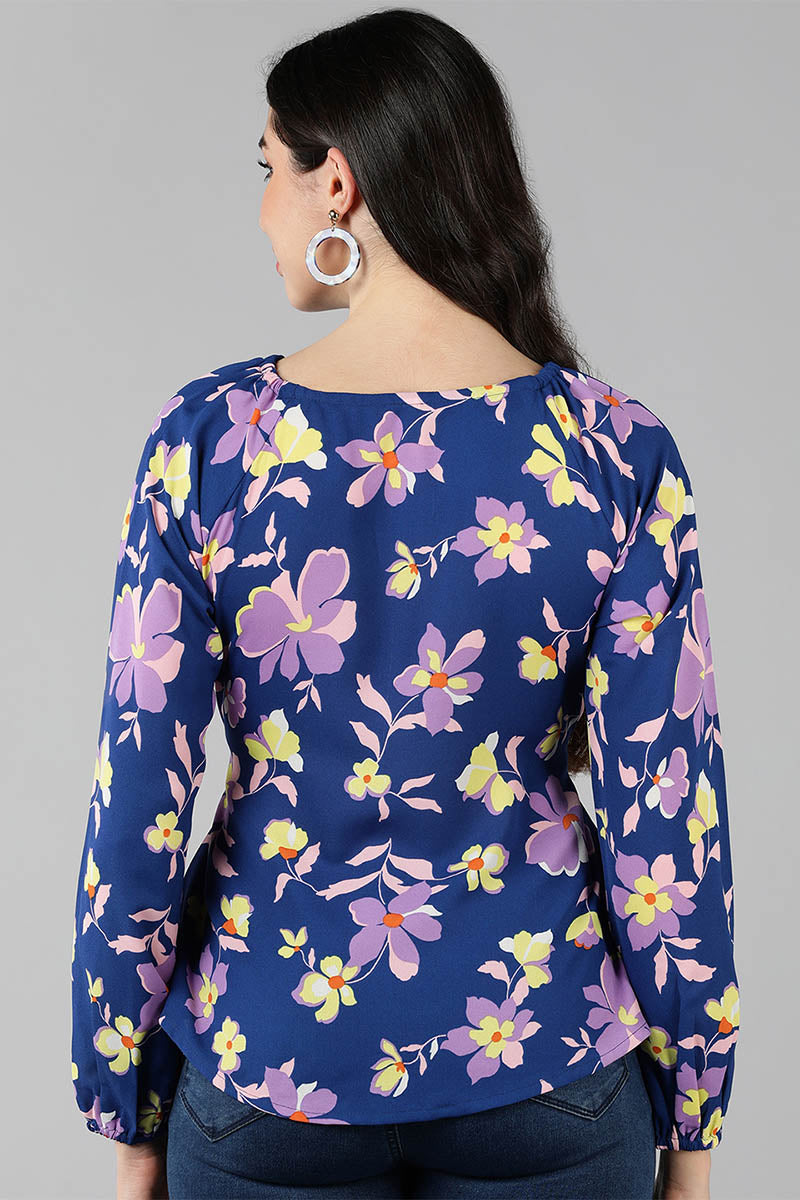 AHIKA Women Navy Blue Printed Floral Tops