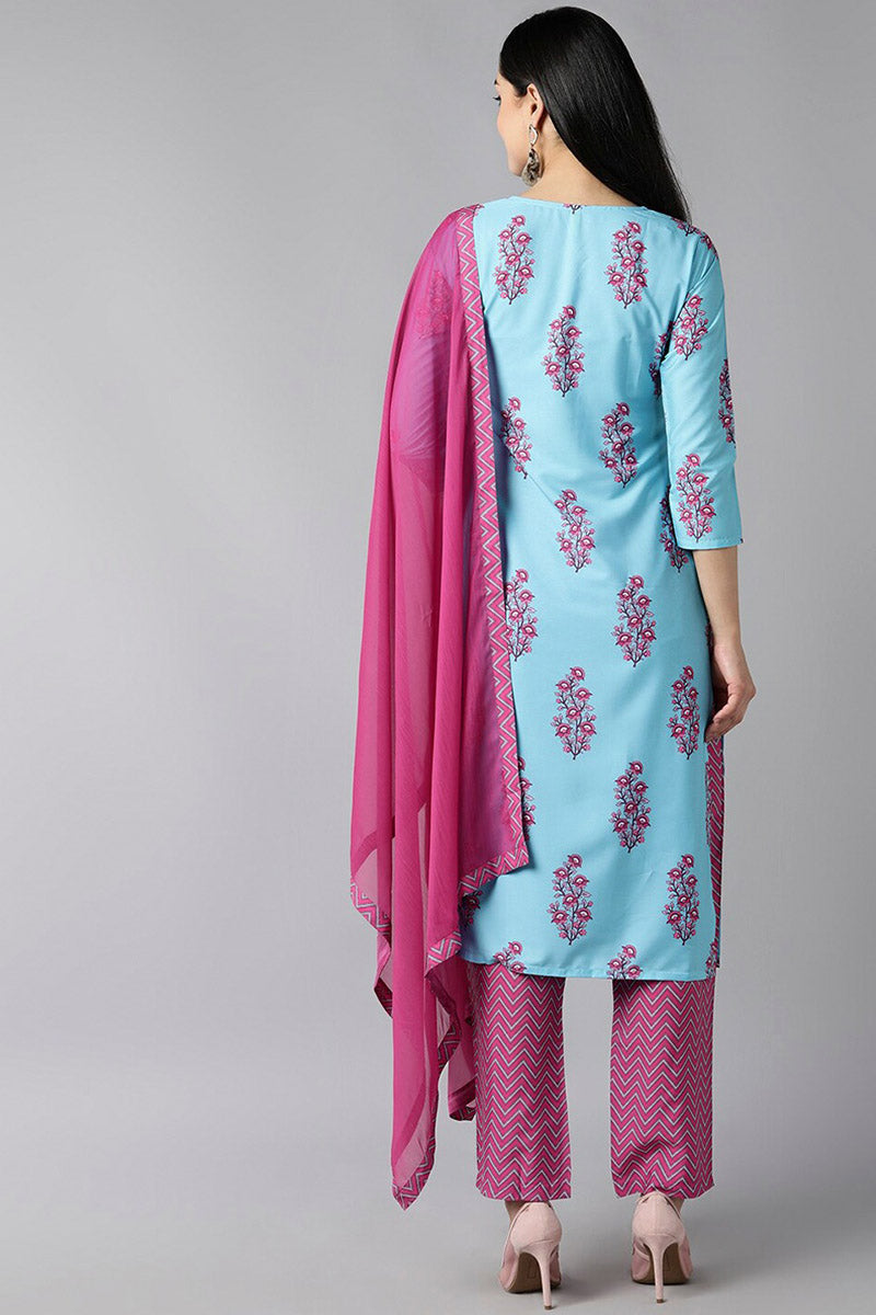 AHIKA Women Blue Ethnic Motifs Embroidered Panelled Kurti with Salwar With Dupatta Set