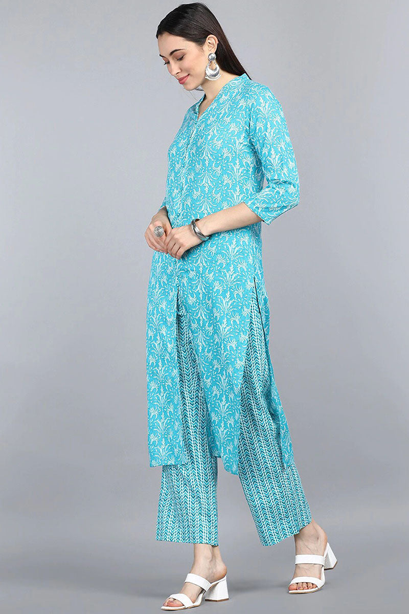 Ahika Women Turquoise Blue Ethnic Motifs Printed Pure Cotton Kurta