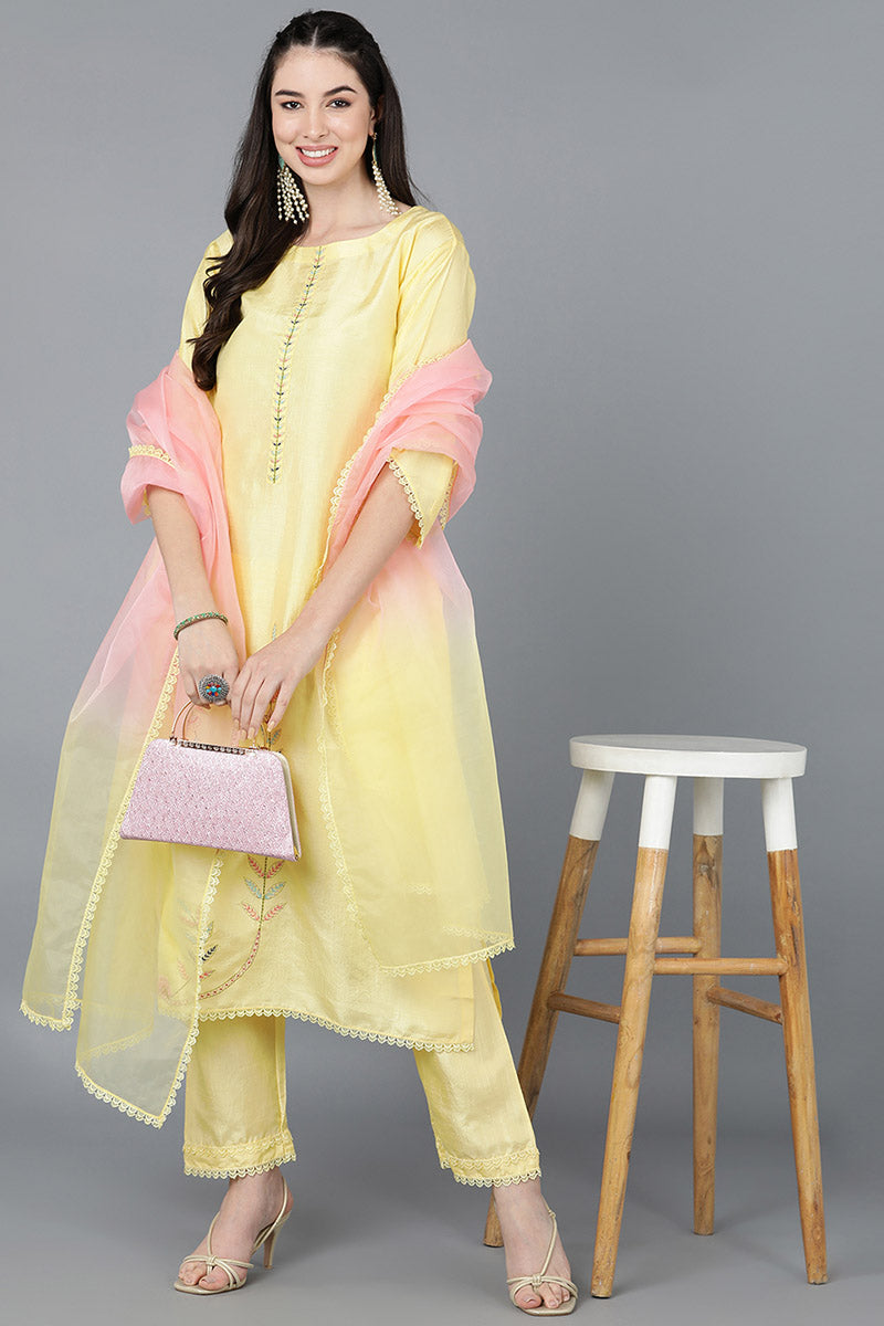 Ahika Women Yellow Poly Silk Embroidered Kurta Trousers With Dupatta