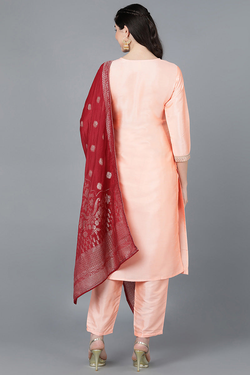 Ahika Women Peach Poly Silk Embroidered Kurta Trousers With Dupatta