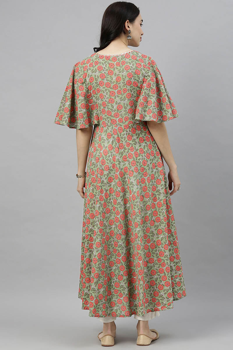 AHIKA Women Green Pink Floral Printed Flared Sleeves Kurta