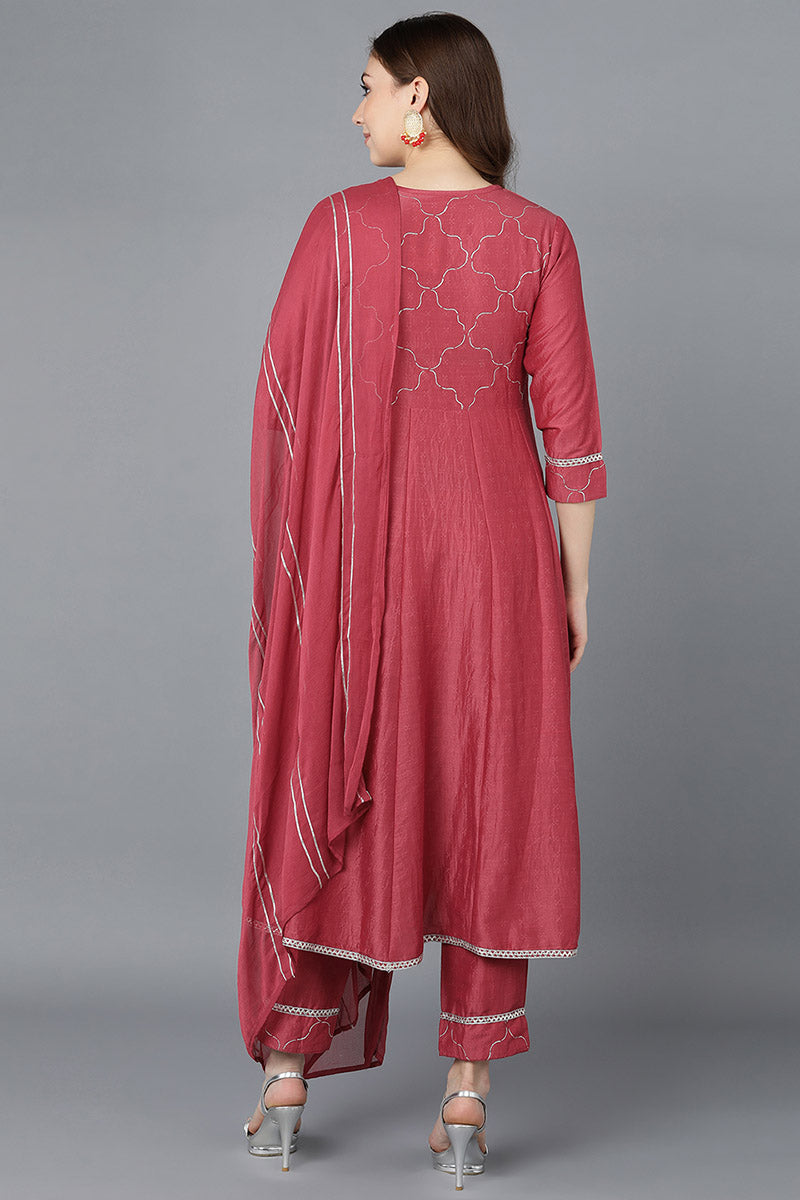 Ahika Women Red Poly Silk Embroidered Kurta Trousers With Dupatta