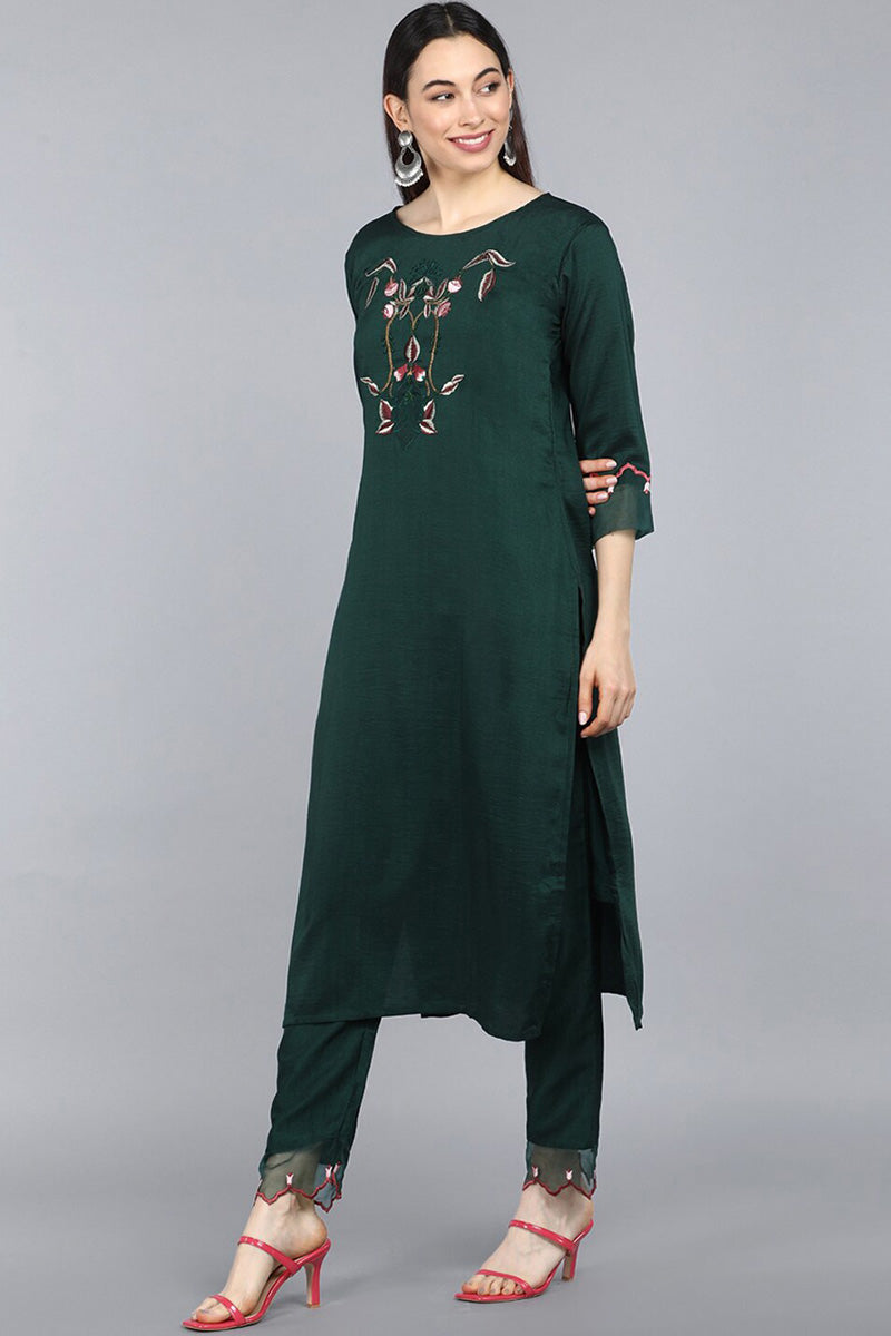 AHIKA Women Green Embroidered with Trousers Dupatta