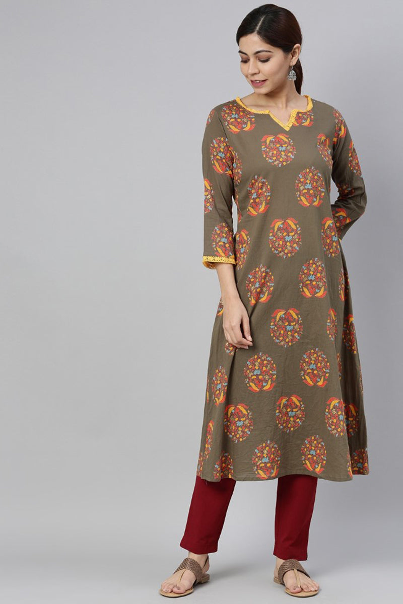 AHIKA Women Taupe Yellow Floral Printed Kurta with Lace Detail