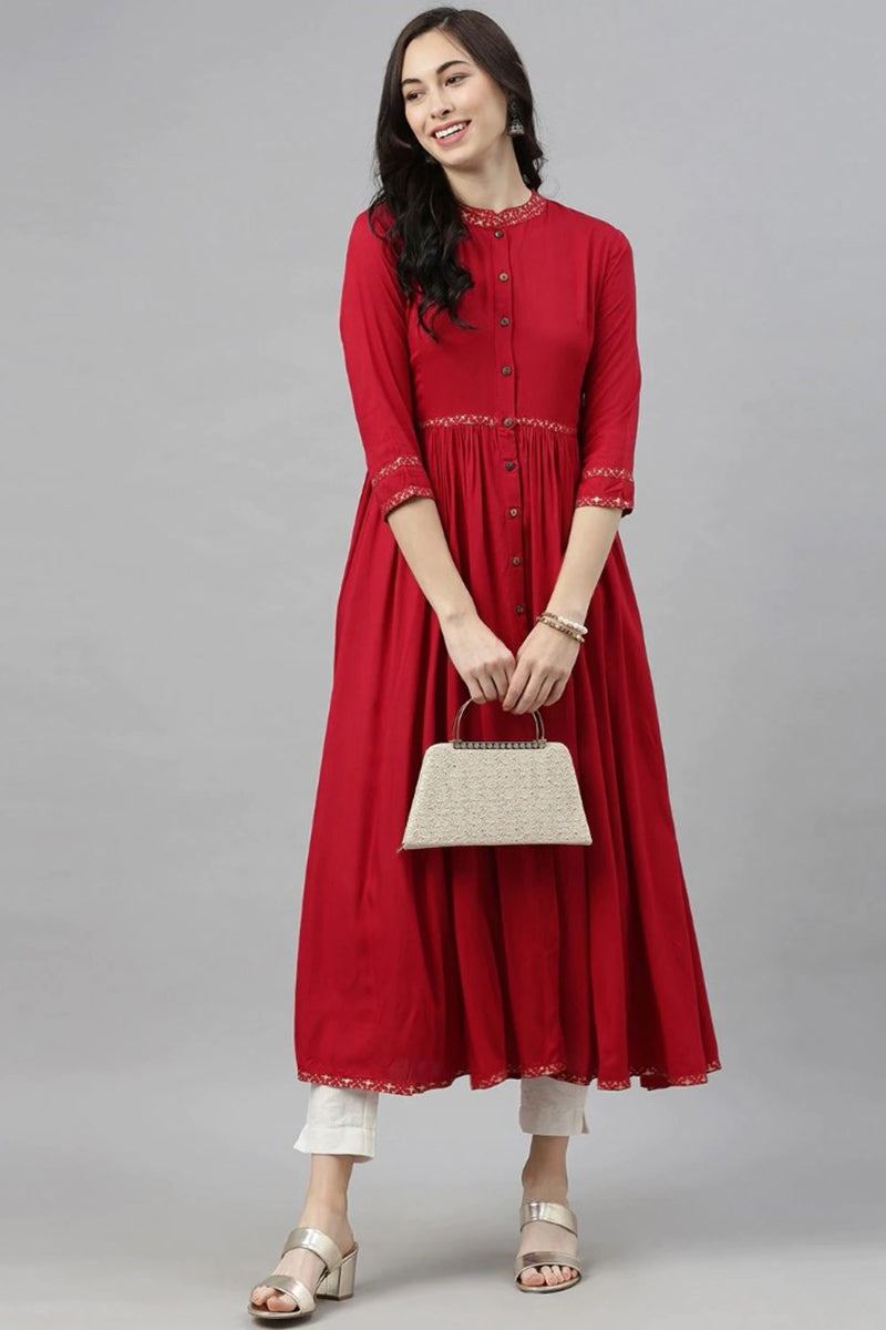 Red Cotton Flared Kurta VCK8167