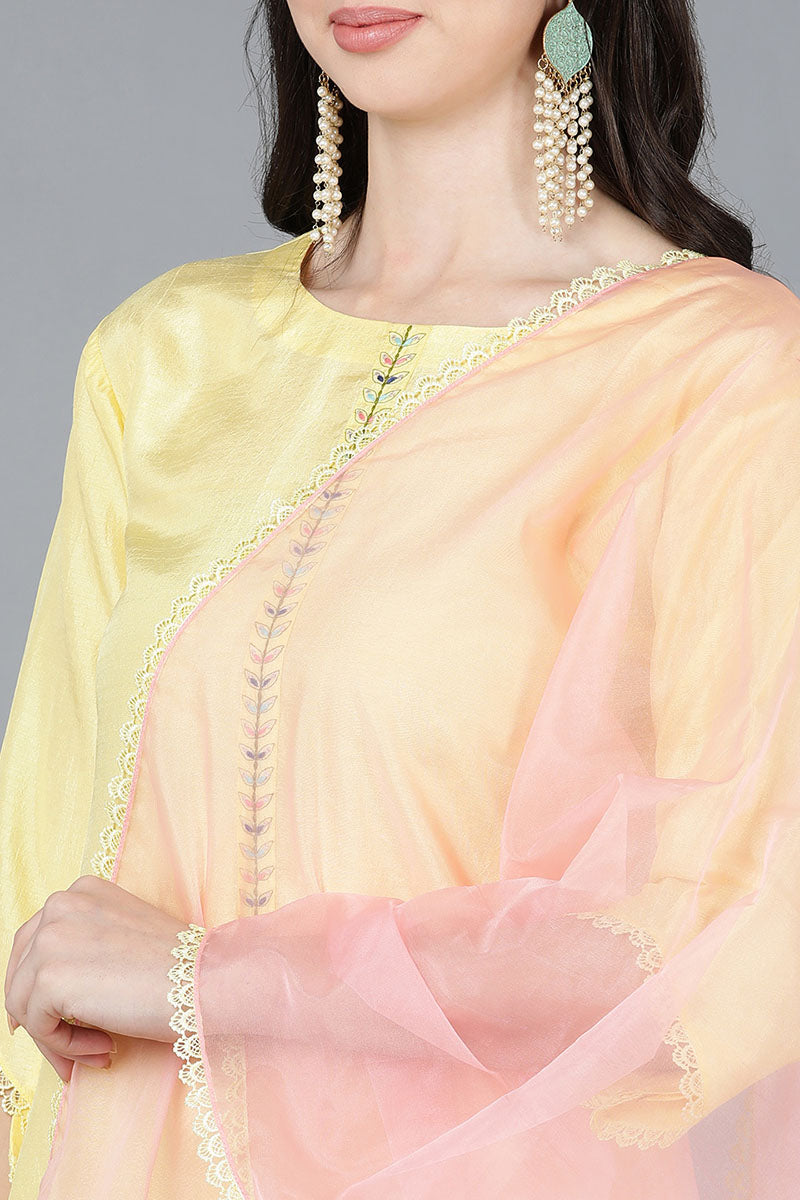 Ahika Women Yellow Poly Silk Embroidered Kurta Trousers With Dupatta
