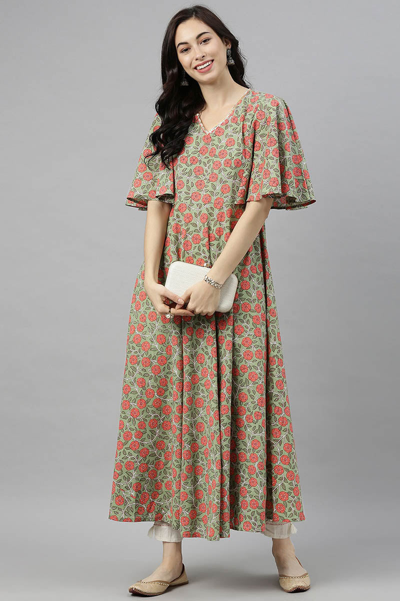 AHIKA Women Green Pink Floral Printed Flared Sleeves Kurta