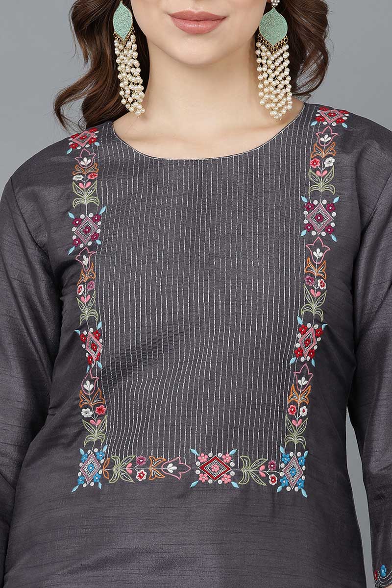 Ahika Women Grey Poly Silk Embroidered Kurta Trousers With Dupatta