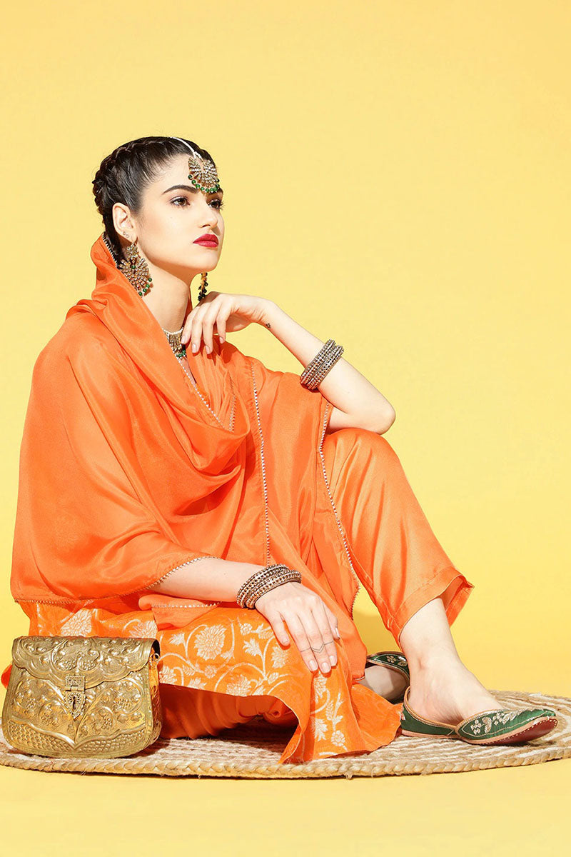 AHIKA Women Orange Floral Woven Design Pure Cotton Kurta with Trousers With Dupatta Set
