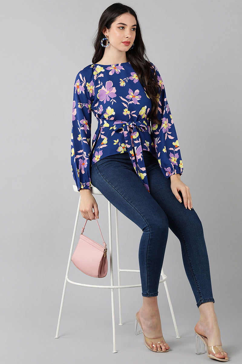 AHIKA Women Navy Blue Printed Floral Tops