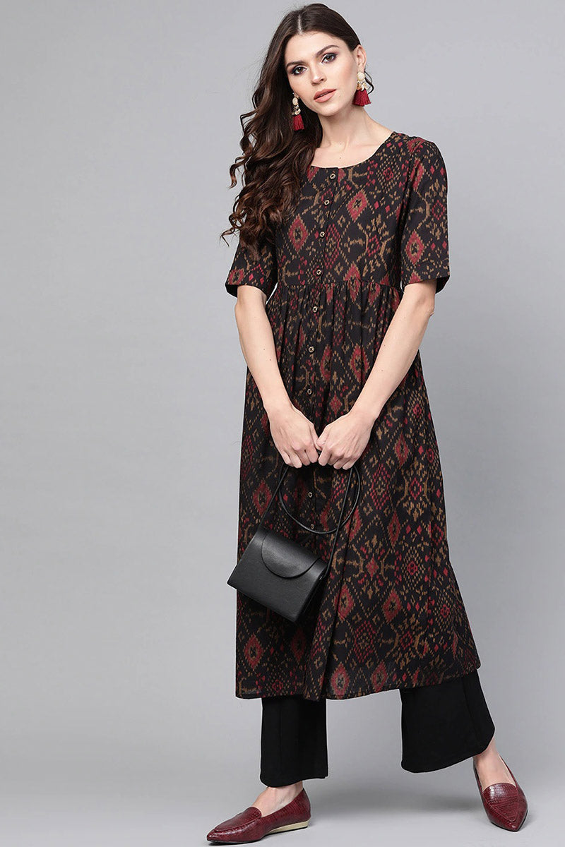 Black & Maroon Color Rayon Blend fabric Printed A-Line Kurta VCK1371