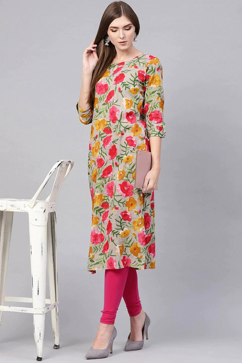 Printed Grey Rayon Blend Fabric Kurti VCK1131