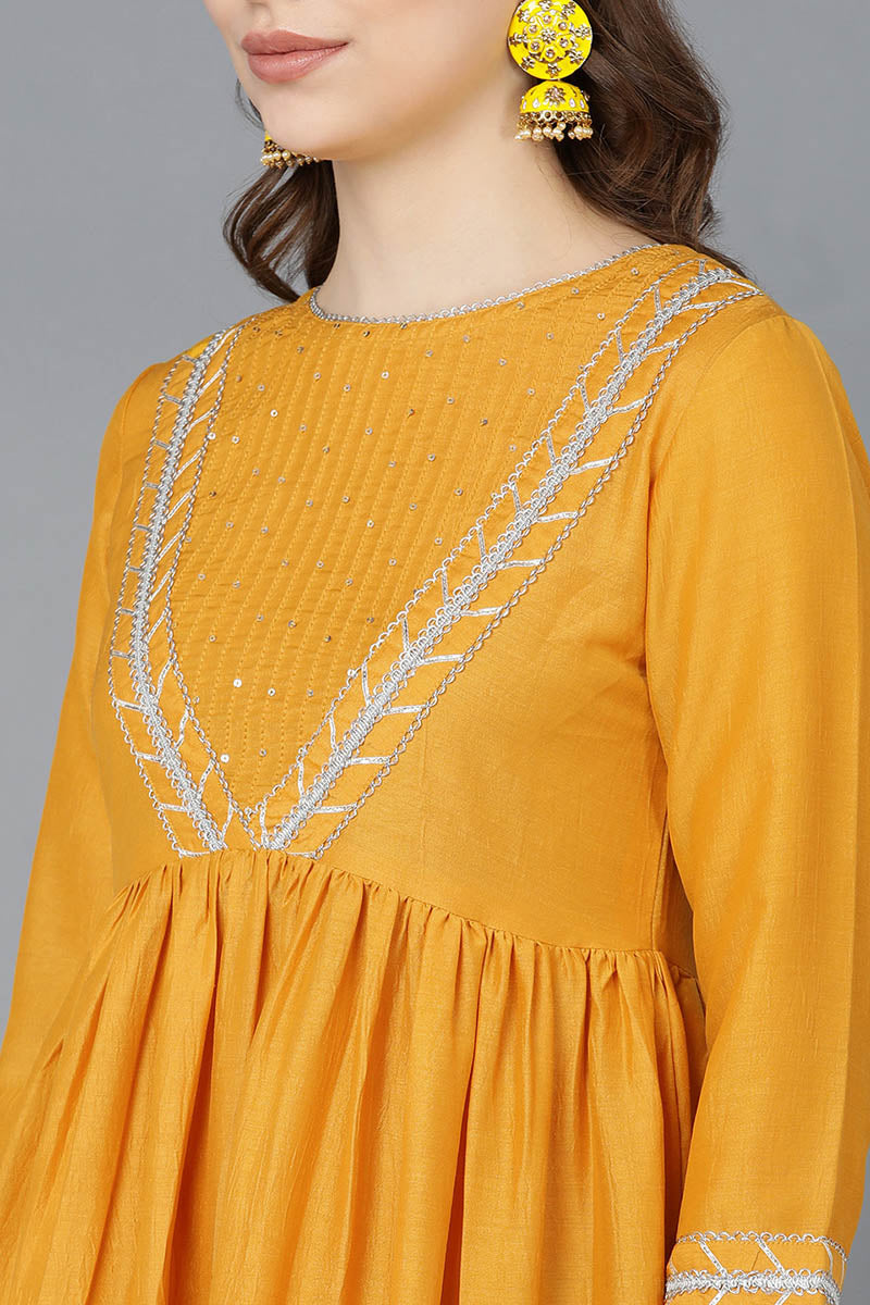 Ahika Women Mustard Poly Silk Embroidered Kurta Trousers With Dupatta