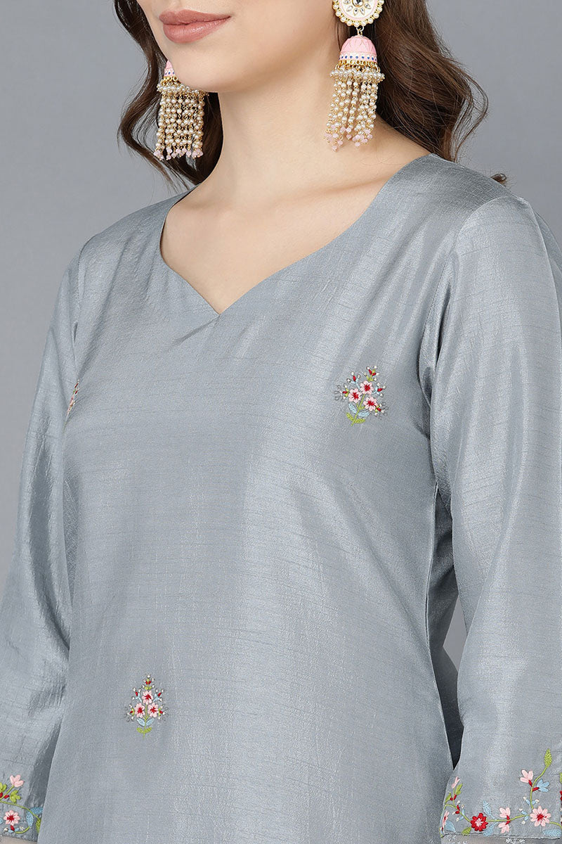 Grey Poly Silk Straight Kurta Pant With Dupatta PKSKD1501