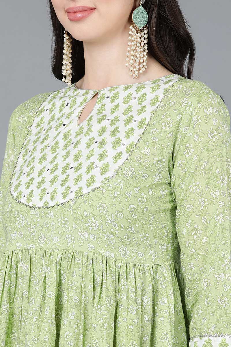 Light Green Cotton Flared Kurta Pant With Dupatta VKSKD1452