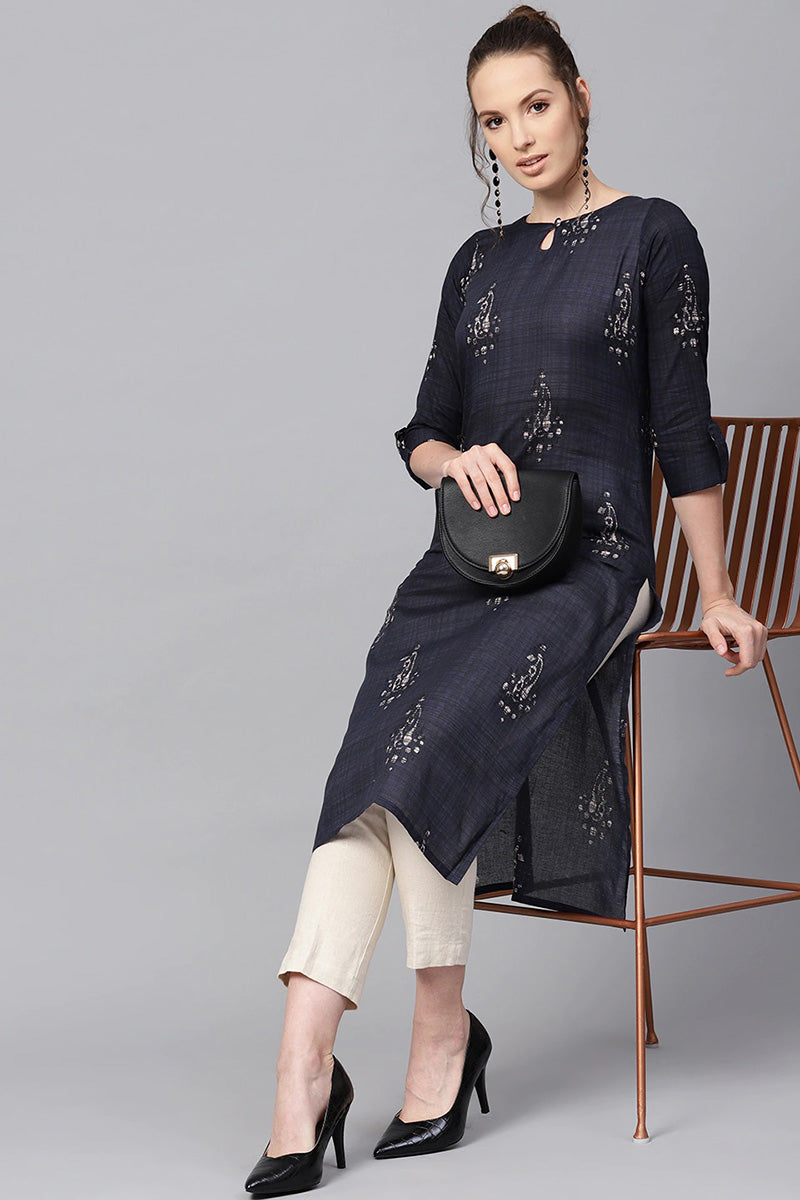 Women Rayon Blend Navy Blue and Off-White color Printed Straight Kurta VCK1251