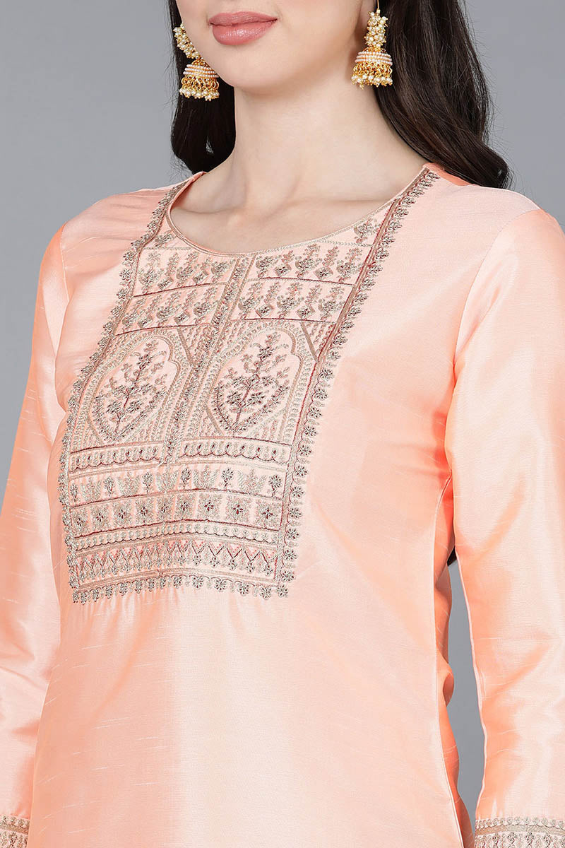 Ahika Women Peach Poly Silk Embroidered Kurta Trousers With Dupatta