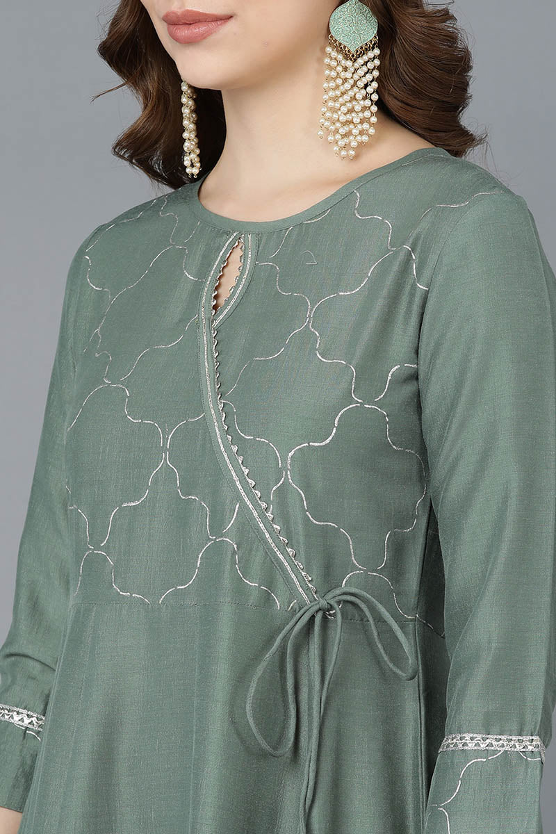 Teal Poly Silk Embroidered Kurta Trousers With Dupatta PKSKD1499