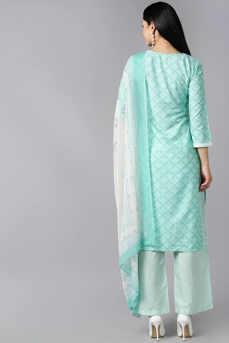 AHIKA Women Sea Green Ethnic Motifs Printed Regular Kurta with Palazzos With Dupatta Set
