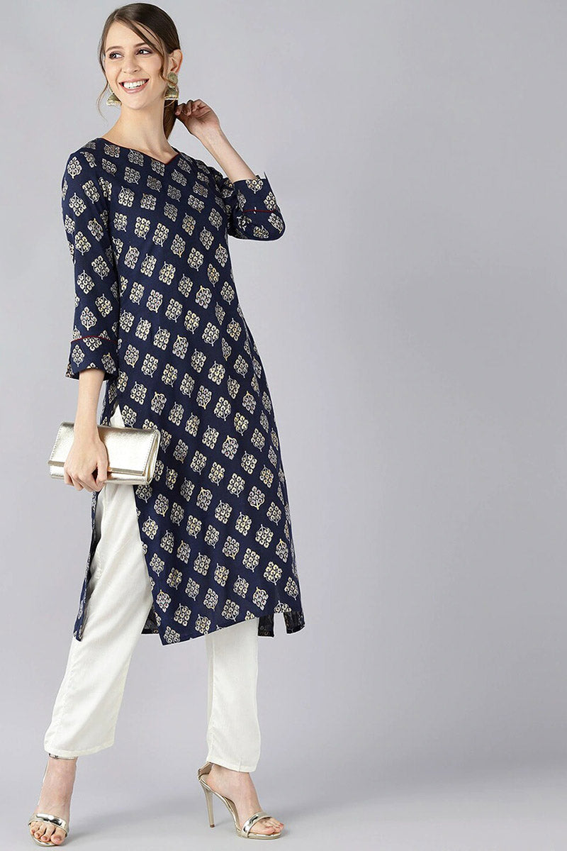 Women Navy Blue And Gold Toned Floral Printed Straight Kurta VCK1712E