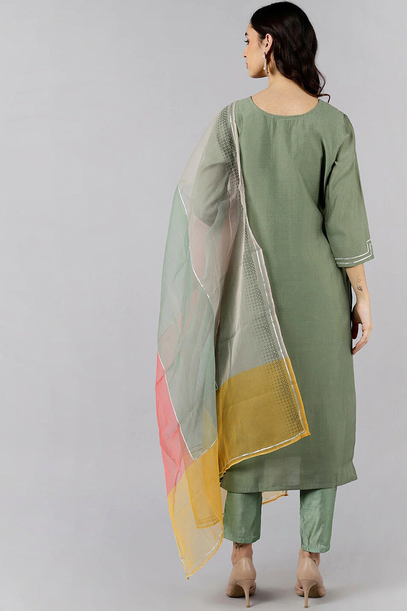 AHIKA Women Olive Solid Embroidered Kurta Trousers With Dupatta