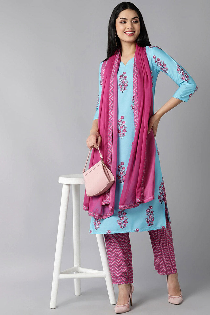 AHIKA Women Blue Ethnic Motifs Embroidered Panelled Kurti with Salwar With Dupatta Set