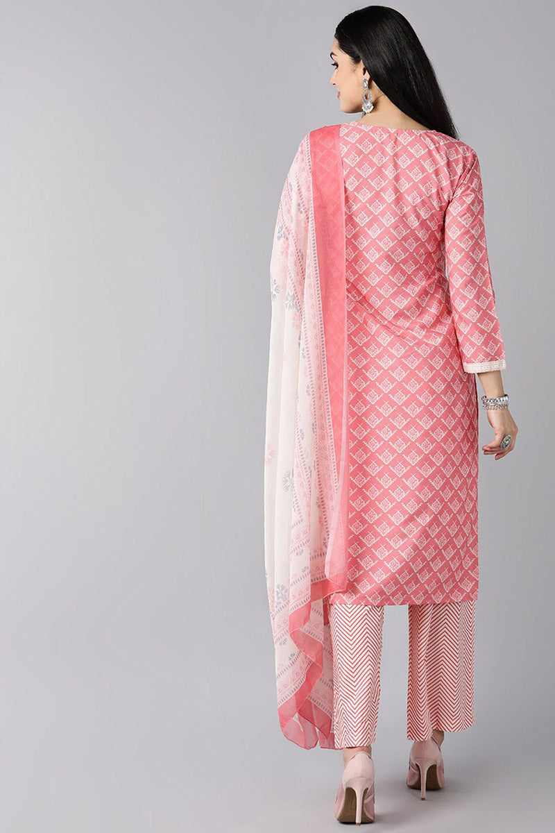 Peach Polyester Ethnic Motifs Straight Suit Set PKSKD1017