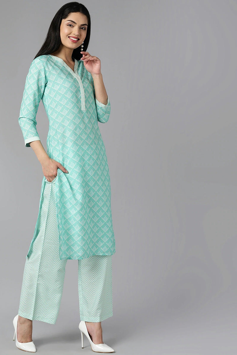 AHIKA Women Sea Green Ethnic Motifs Printed Regular Kurta with Palazzos With Dupatta Set