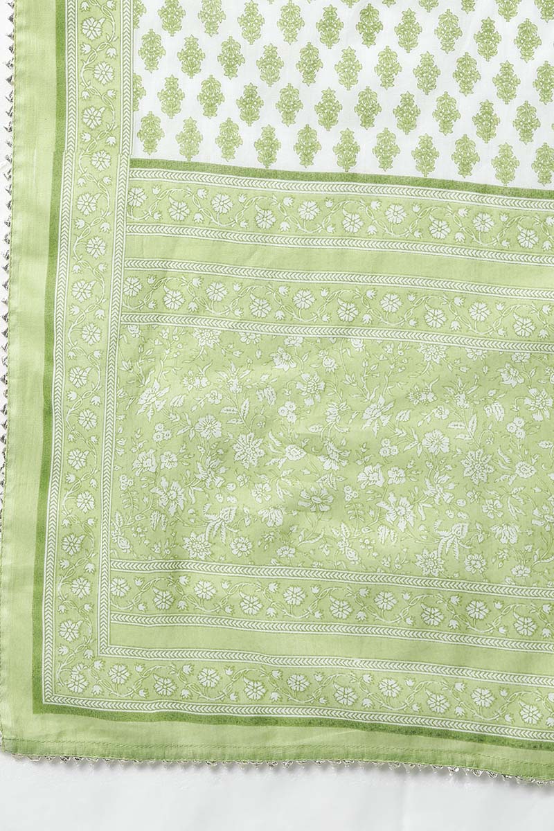 Light Green Cotton Flared Kurta Pant With Dupatta VKSKD1452